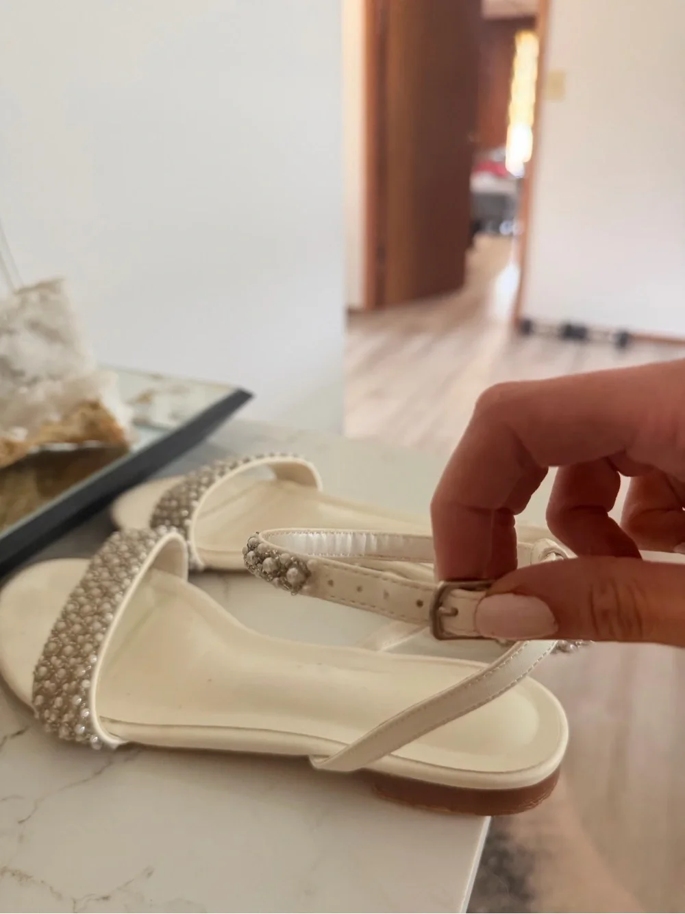 Pearl-Embellished Cream Satin Women's Sandals with Ankle Strap
